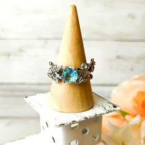 New Oval Blue Stone Silver Tone Vine Ring Size 6.5 Nature Leaves Eclectic Funky